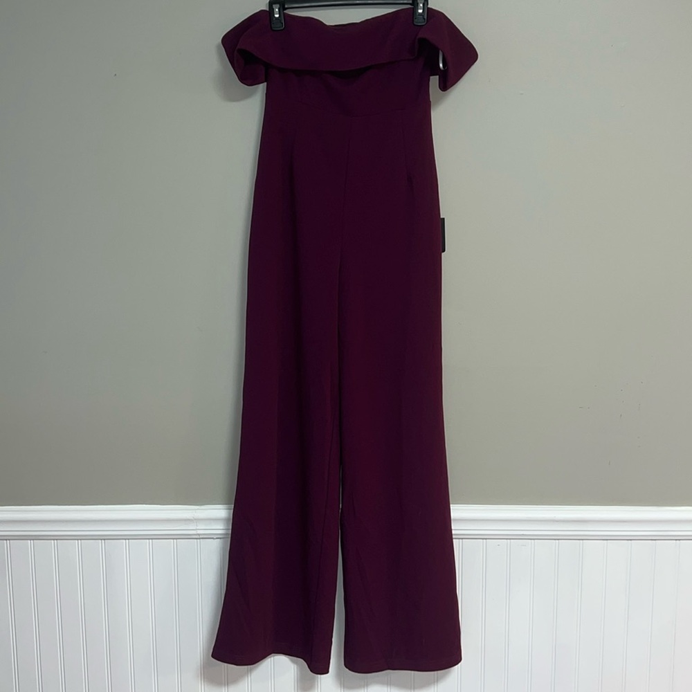 Lulu's Off-Shoulder Wide-Leg Jumpsuit in Plum